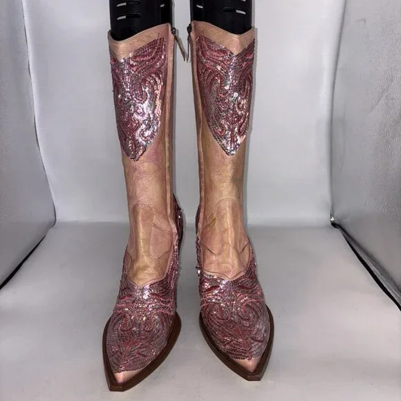 Damy Western Cowboy BootsItaly Haute Couture Sequinned Leather EU 40 US 9 9.5